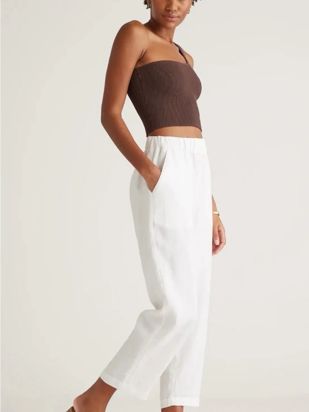Quince White Elastic-Waist Cropped Linen-Blend Pants